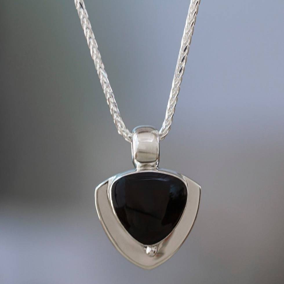 Handmade Obsidian Pendant Necklace in 950 Silver 'Taxco Triad'