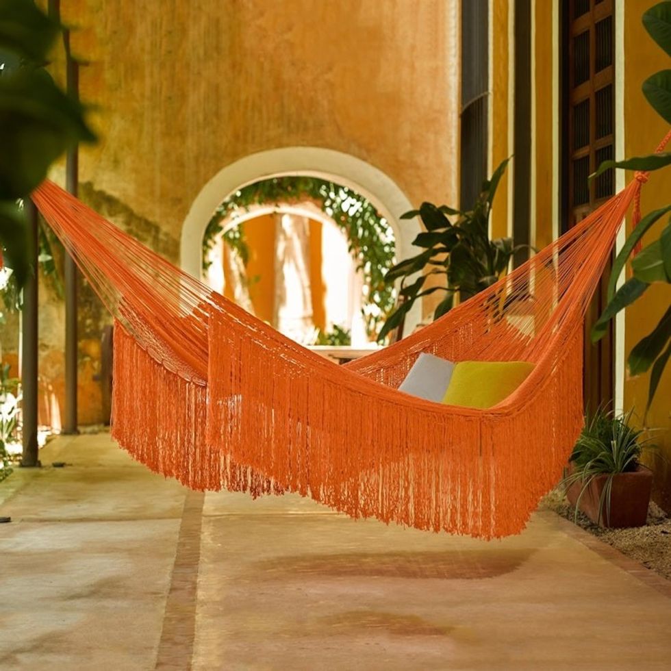 Orange Fringed Cotton Rope Hammock Triple from Mexico 'Orange Cascade'