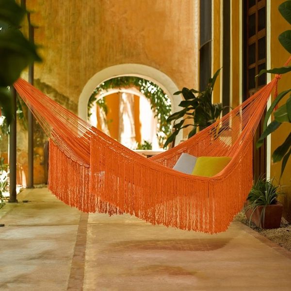 Alternate image for Orange Fringed Cotton Rope Hammock Triple from Mexico Orange Cascade