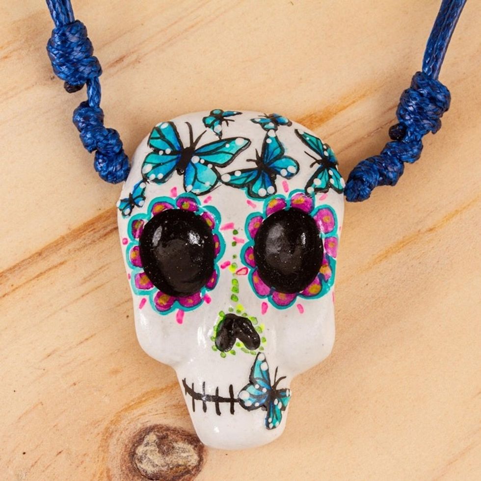 Hand Painted Skull Necklace with Butterflies 'Blue Butterfly Calavera'