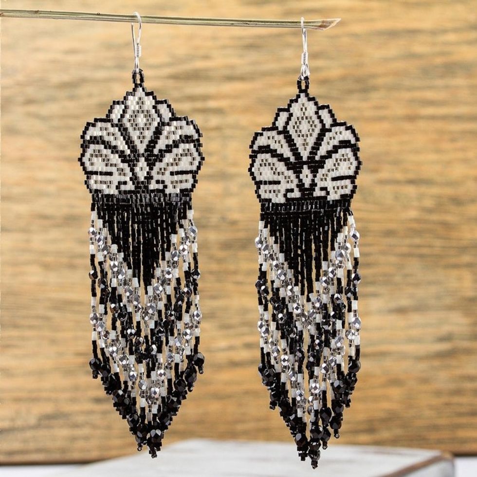 Huichol Beadwork Floral Earrings in Black-White-Grey 'White Blossom'