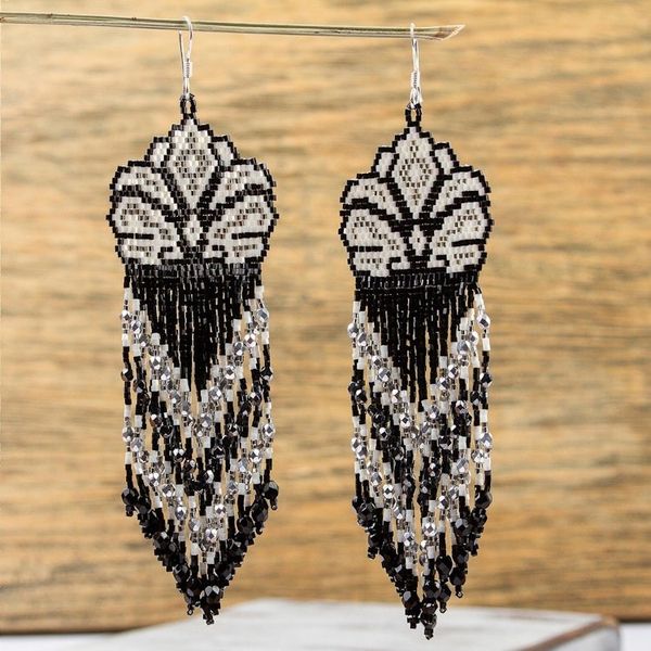 Alternate image for Huichol Beadwork Floral Earrings in Black-White-Grey White Blossom