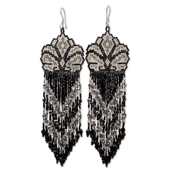 Alternate image for Huichol Beadwork Floral Earrings in Black-White-Grey White Blossom