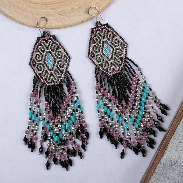Alternate image for Huichol Beadwork Floral Earrings in Black-White-Grey White Blossom