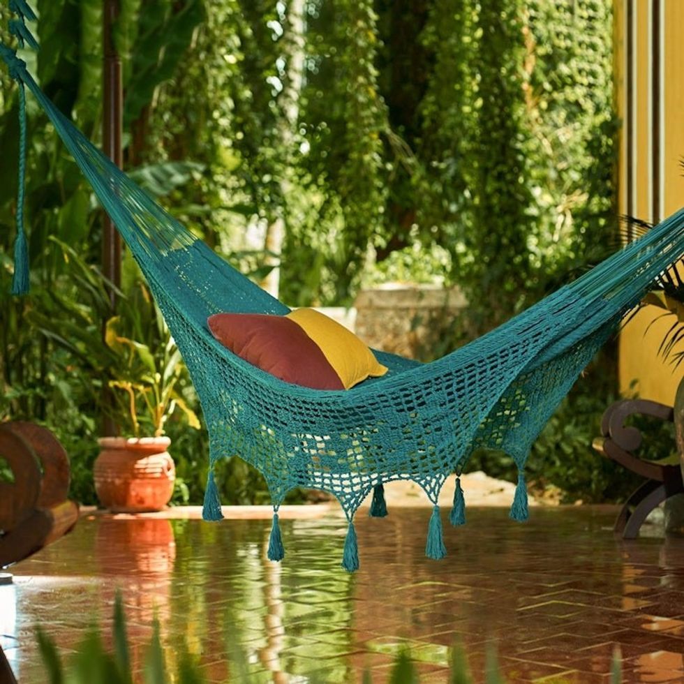 Handwoven Teal Cotton Hammock Double from Mexico 'Veranda in Teal'