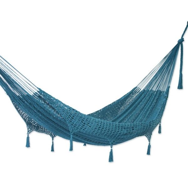 Alternate image for Handwoven Teal Cotton Hammock Double from Mexico Veranda in Teal