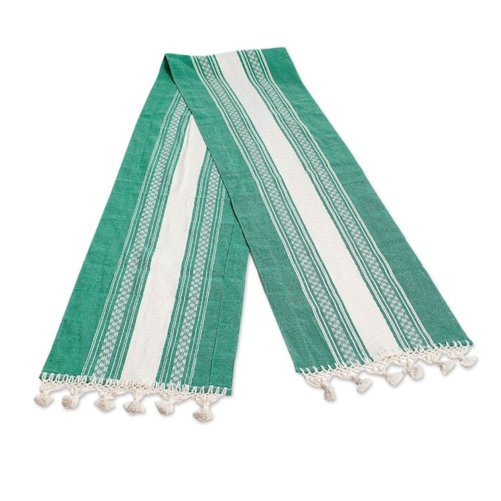 Oaxaca Handwoven Green Ivory Cotton Table Runner 'Oaxaca Milpa'