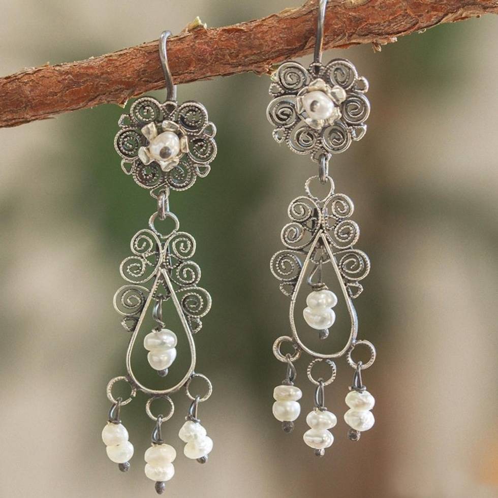 Cultured Pearl Silver Filigree Chandelier Earrings 'Vintage Beauty'