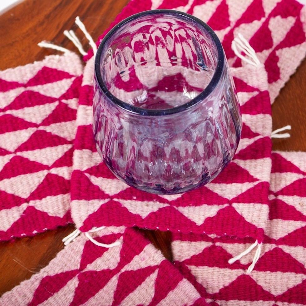 Set of 6 Hand Loomed Wool Coasters in Fuchsia and Pink 'Zapotec Diamond in Fuchsia'