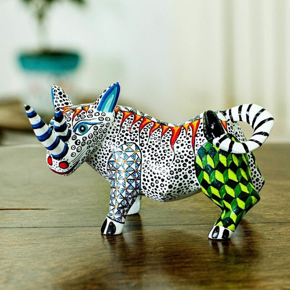 Black and White Rhinoceros Alebrije Wood Carving from Oaxaca 'Cautious Black and White Rhino'