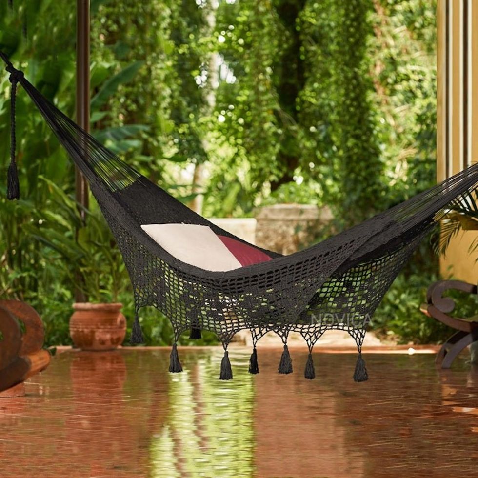 Coal Black Tasseled Cotton Hammock Triple from Mexico 'Veranda in Black'