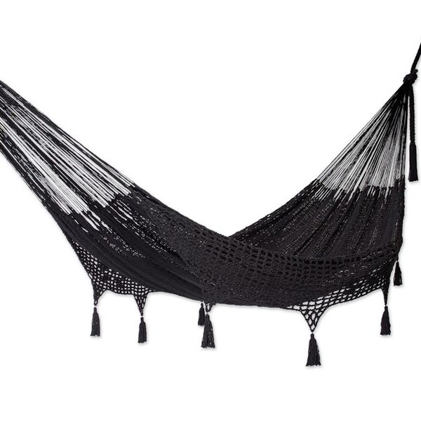 Alternate image for Coal Black Tasseled Cotton Hammock Triple from Mexico Veranda in Black