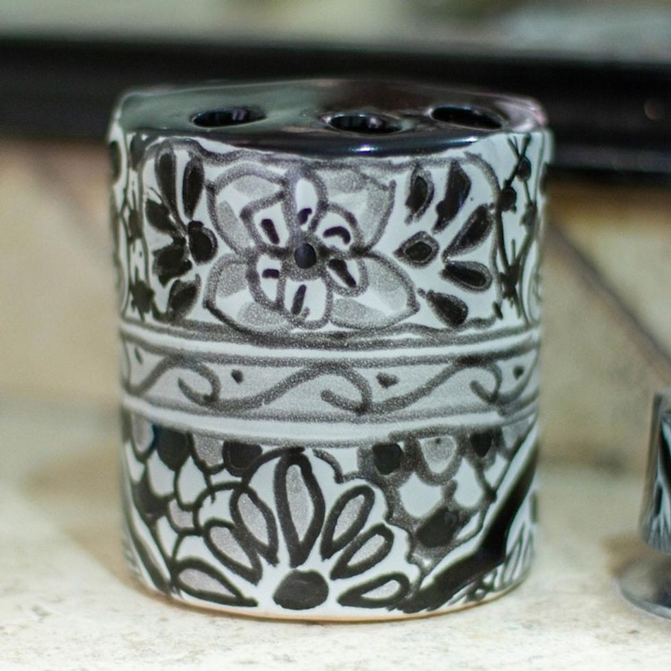 Black and White Hand Painted Ceramic Toothbrush Holder 'Monochrome Flowers'