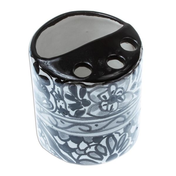Alternate image for Black and White Hand Painted Ceramic Toothbrush Holder Monochrome Flowers