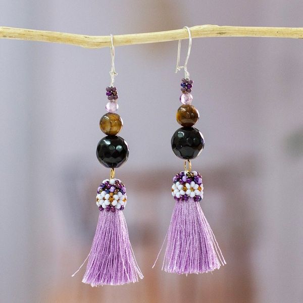 Alternate image for Handcrafted Agate Tigers Eye Beaded Purple Tassel Earrings Playful Purple