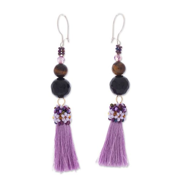 Alternate image for Handcrafted Agate Tigers Eye Beaded Purple Tassel Earrings Playful Purple