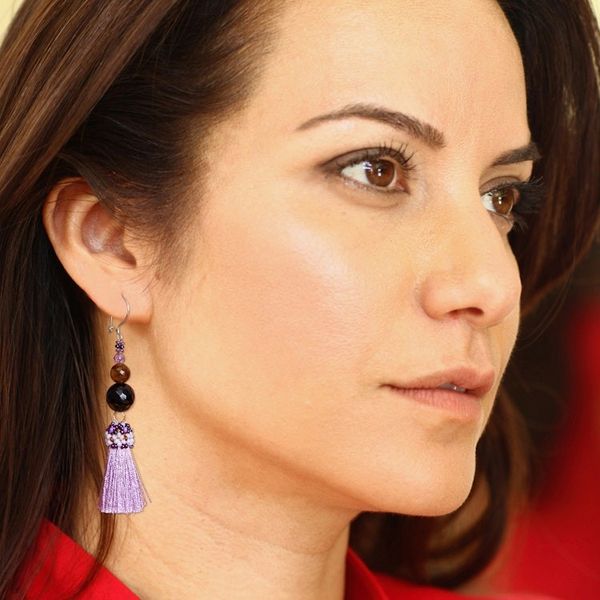 Alternate image for Handcrafted Agate Tigers Eye Beaded Purple Tassel Earrings Playful Purple