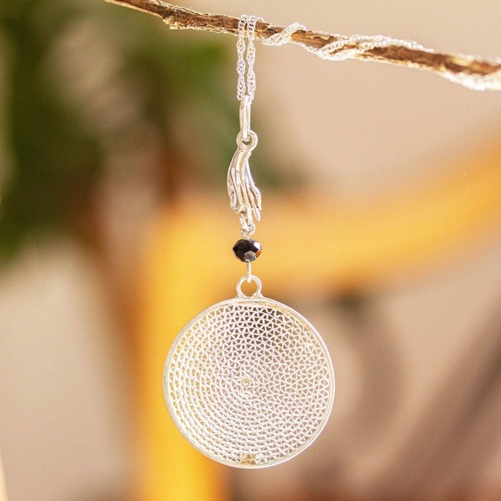 Mexican Sterling Silver Filigree Pendant Necklace 'Hand to the Sun'