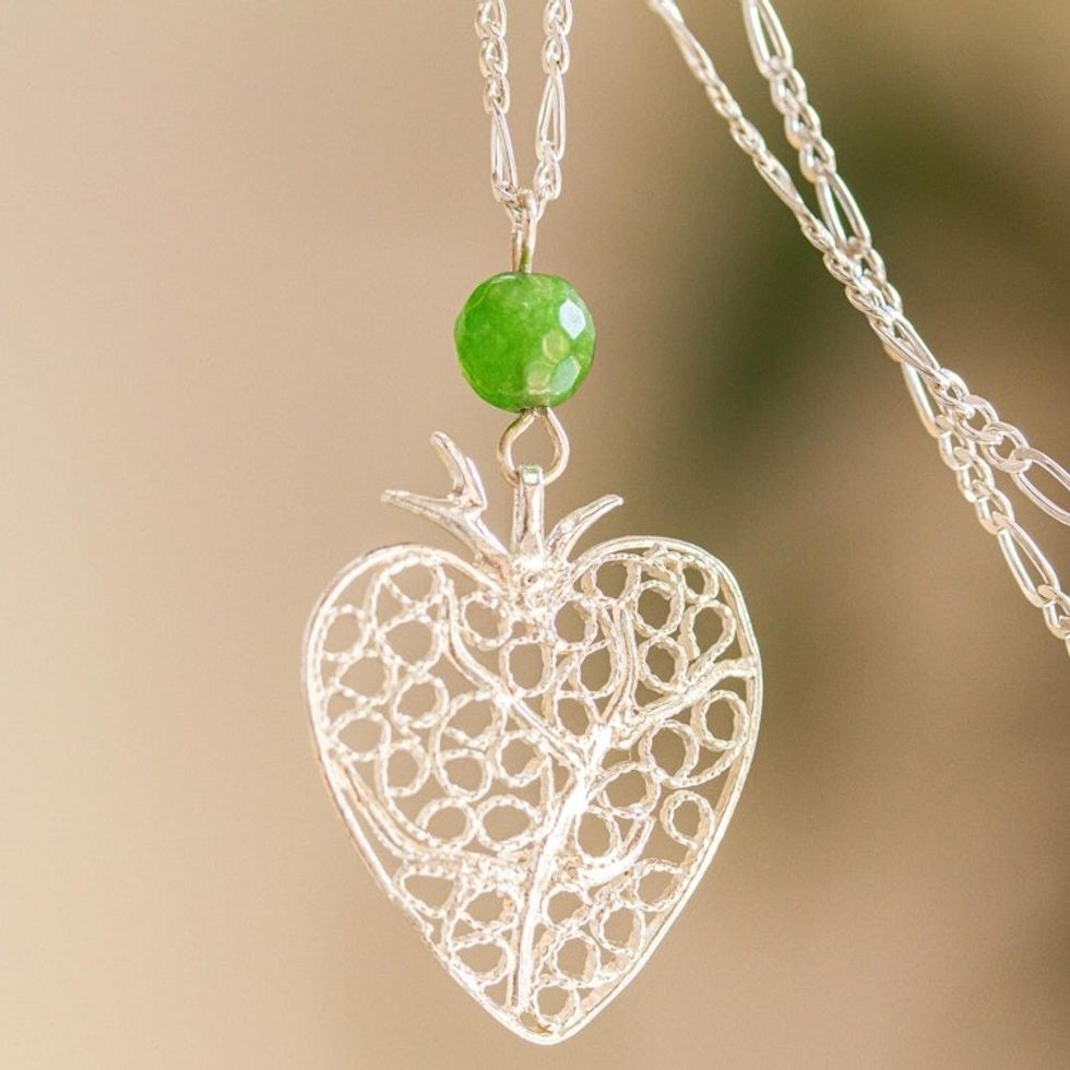 Sterling Silver Filigree Heart Pendant with Agate Bead 'Under the Apple Tree'