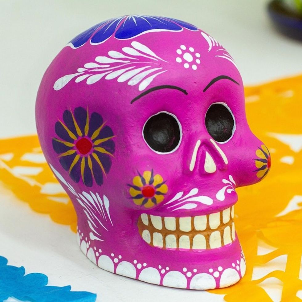 Fuchsia Ceramic Floral Day of the Dead Figurine 'Fuchsia Skull with Flowers'