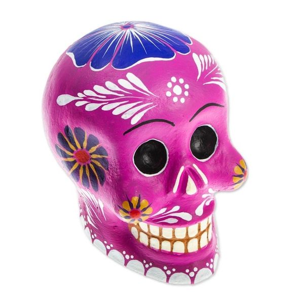 Alternate image for Fuchsia Ceramic Floral Day of the Dead Figurine Fuchsia Skull with Flowers