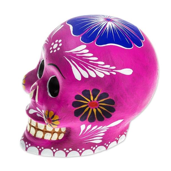 Alternate image for Fuchsia Ceramic Floral Day of the Dead Figurine Fuchsia Skull with Flowers