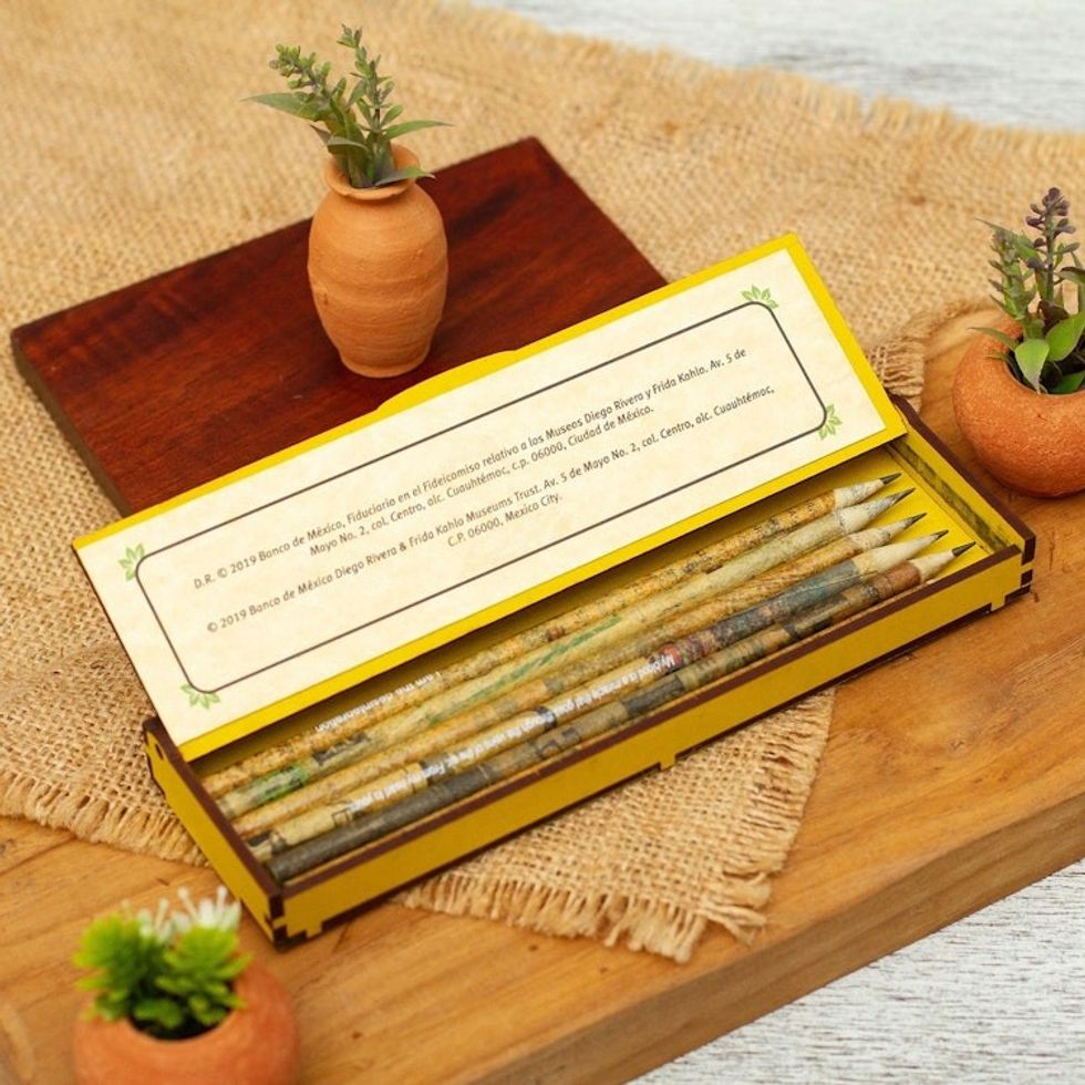 Boxed Set of Six Pencils Made With Recycled Newspaper 'Diego and Frida in Yellow'