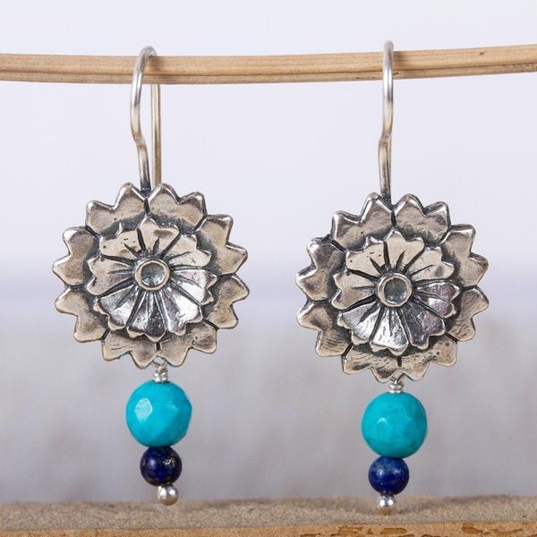 Alternate image for Circular Floral Turquoise and Lapis Lazuli Dangle Earrings Fanned Flowers