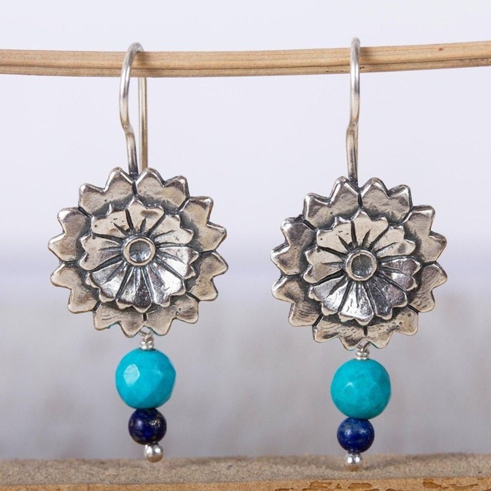 Circular Floral Turquoise and Lapis Lazuli Dangle Earrings 'Fanned Flowers'