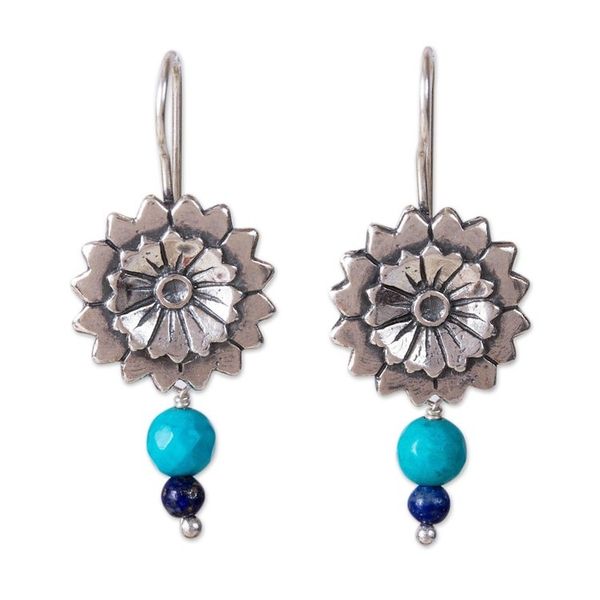 Alternate image for Circular Floral Turquoise and Lapis Lazuli Dangle Earrings Fanned Flowers