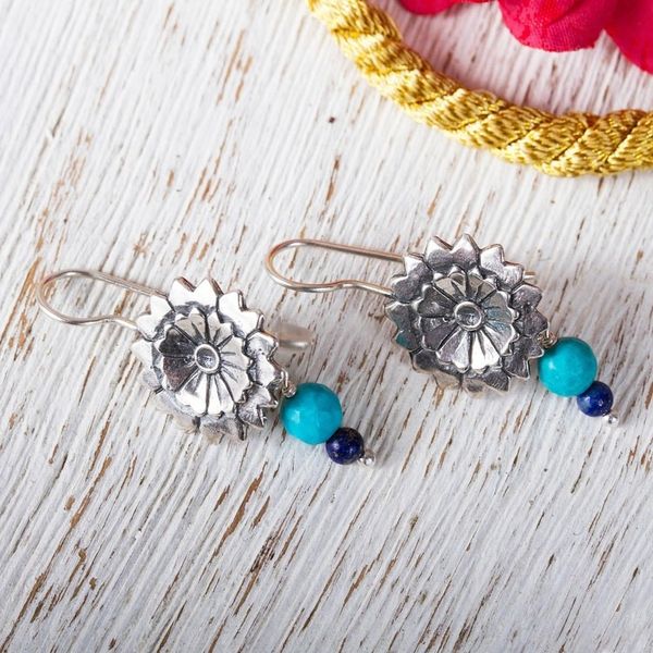 Alternate image for Circular Floral Turquoise and Lapis Lazuli Dangle Earrings Fanned Flowers