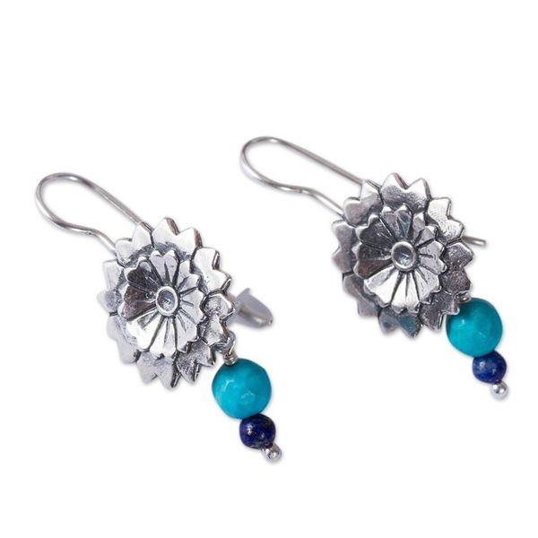 Alternate image for Circular Floral Turquoise and Lapis Lazuli Dangle Earrings Fanned Flowers