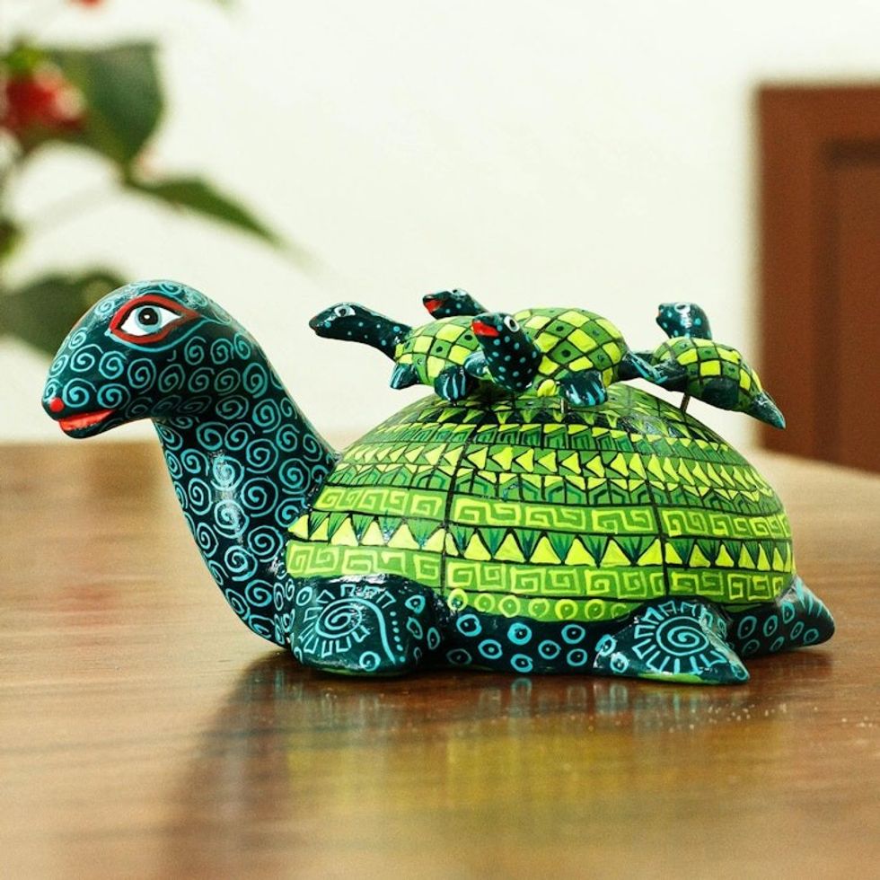 Green and Blue Oaxacan Mother Turtle Alebrije with Babies 'Turtle Mom Taxi'