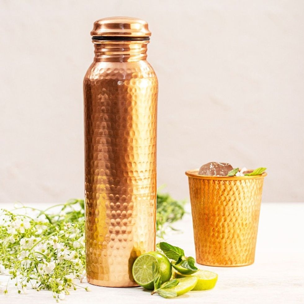 Handcrafted Mexican Copper Bottle 'Gleaming Pebbles'