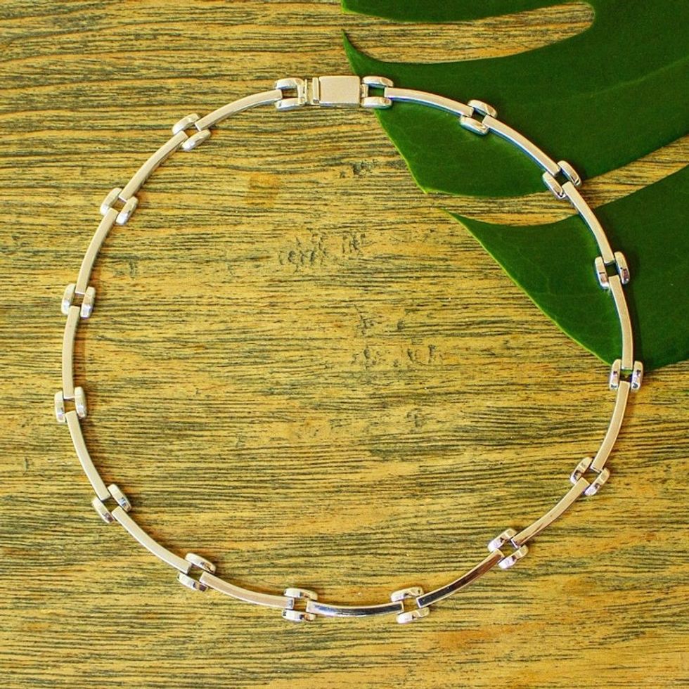 Taxco Silver Square Link Geometric Necklace from Mexico 'Square Links'