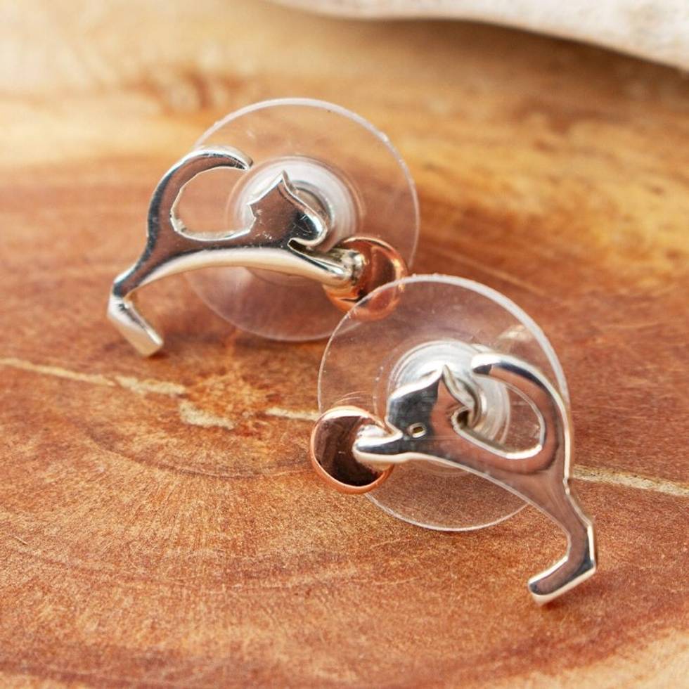 Taxco Kitty Cat Silver and Copper Petite Button Earrings 'Playful Kitties'