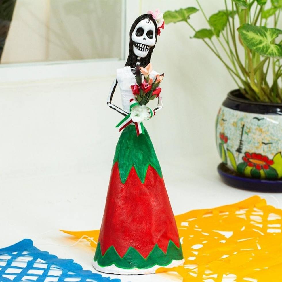 Mexican Red-White-Green Papier Mache Skeleton Sculpture 'Patriotic Catrina'