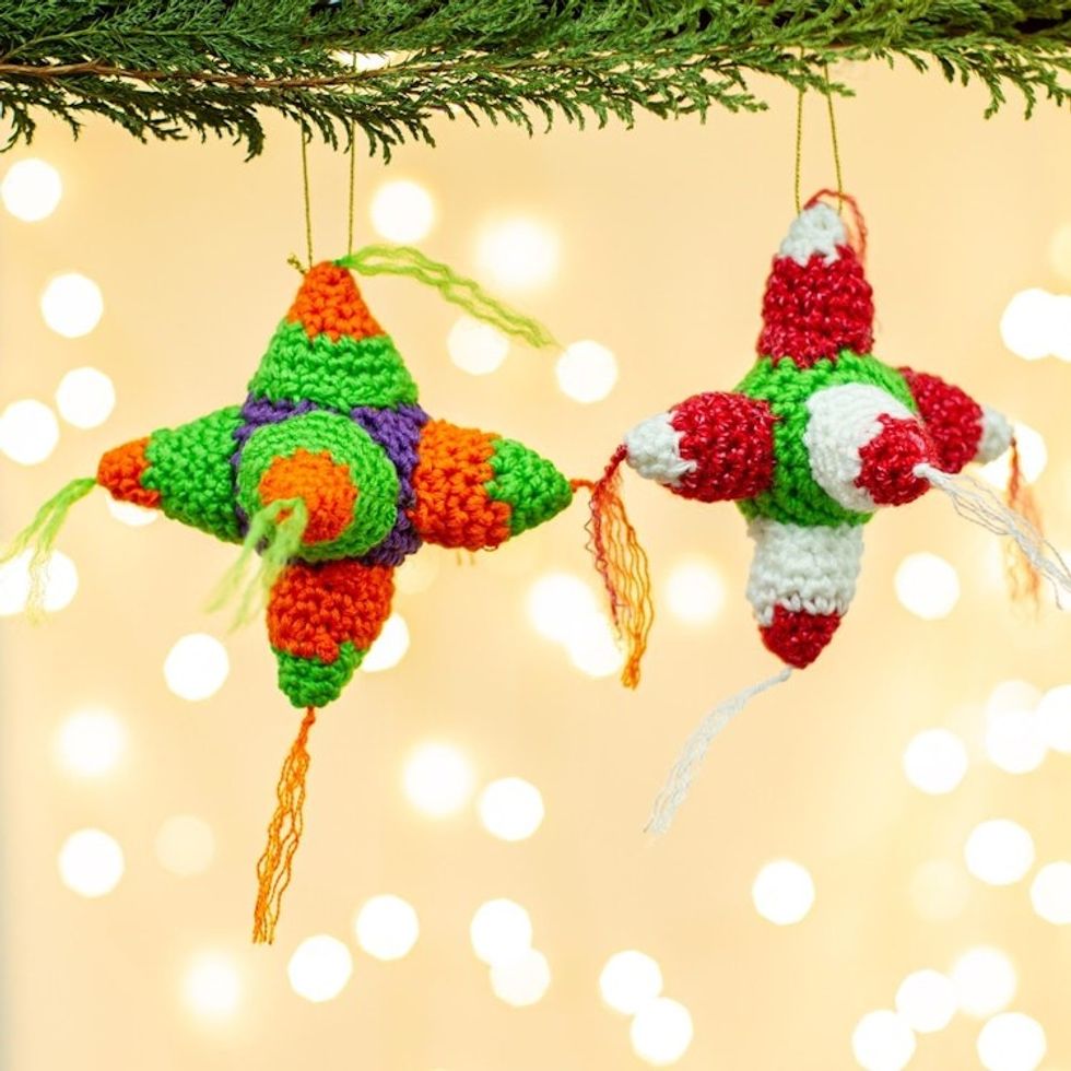 Hand Crocheted Colorful Piata Ornaments Pair 'Piata Cheer'