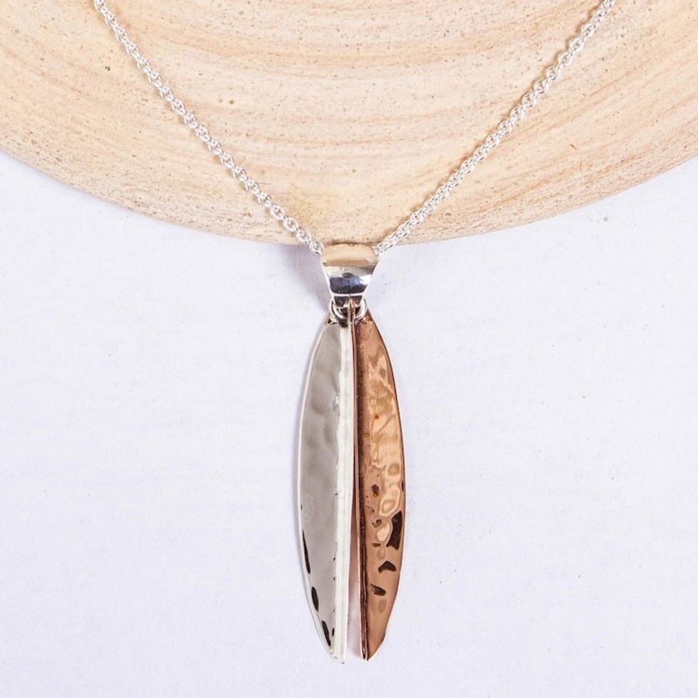 Taxco Sterling Silver and Copper Pendant Necklace 'Hammered Abstraction'