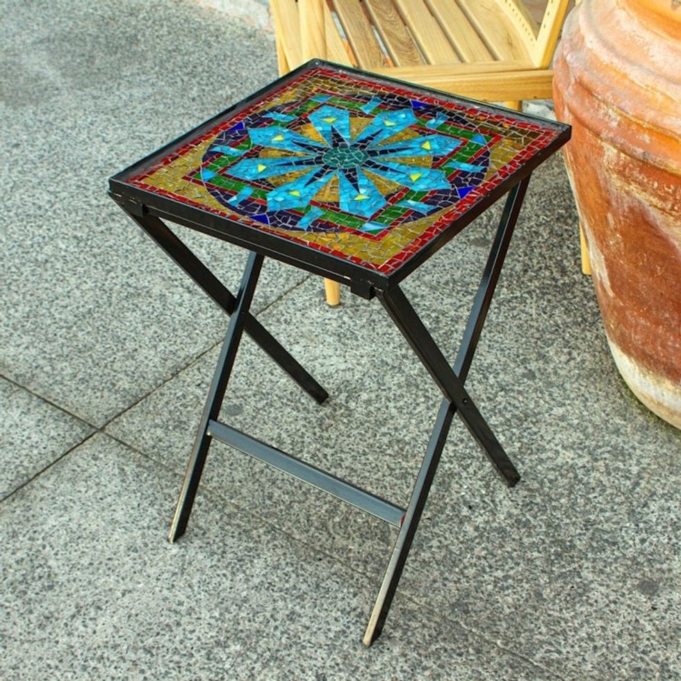 Mandala Inspired Cut Glass Mosaic Folding Table from Mexico 'Luminous Mandala'
