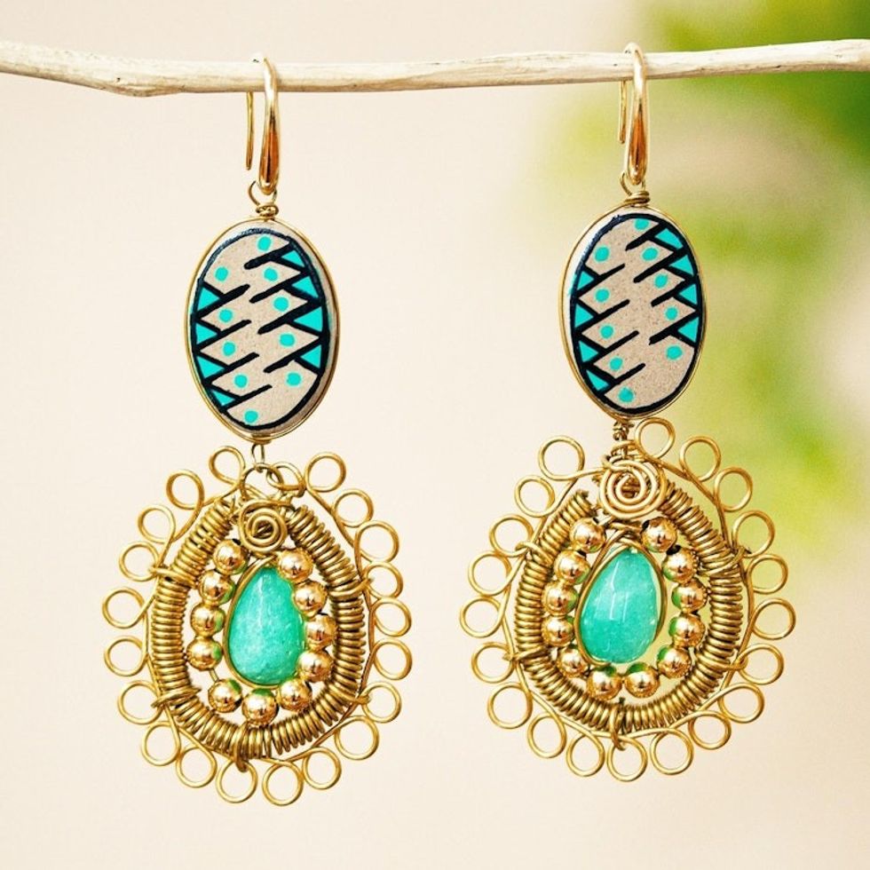 Ceramic and Crystal Gold Plated Earrings 'Mixed Media in Turquoise'