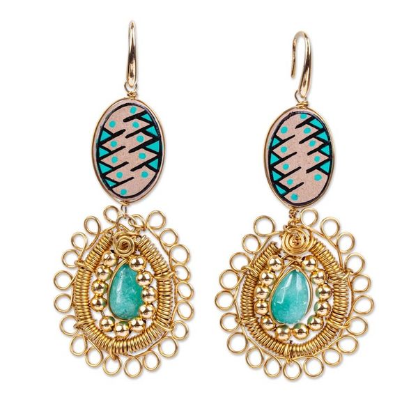 Alternate image for Ceramic and Crystal Gold Plated Earrings Mixed Media in Turquoise