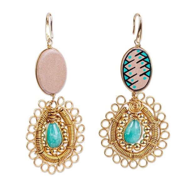 Alternate image for Ceramic and Crystal Gold Plated Earrings Mixed Media in Turquoise