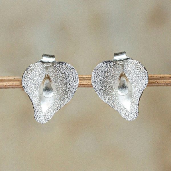 Alternate image for Floral Button Earrings in Sterling Silver Delicate Lily