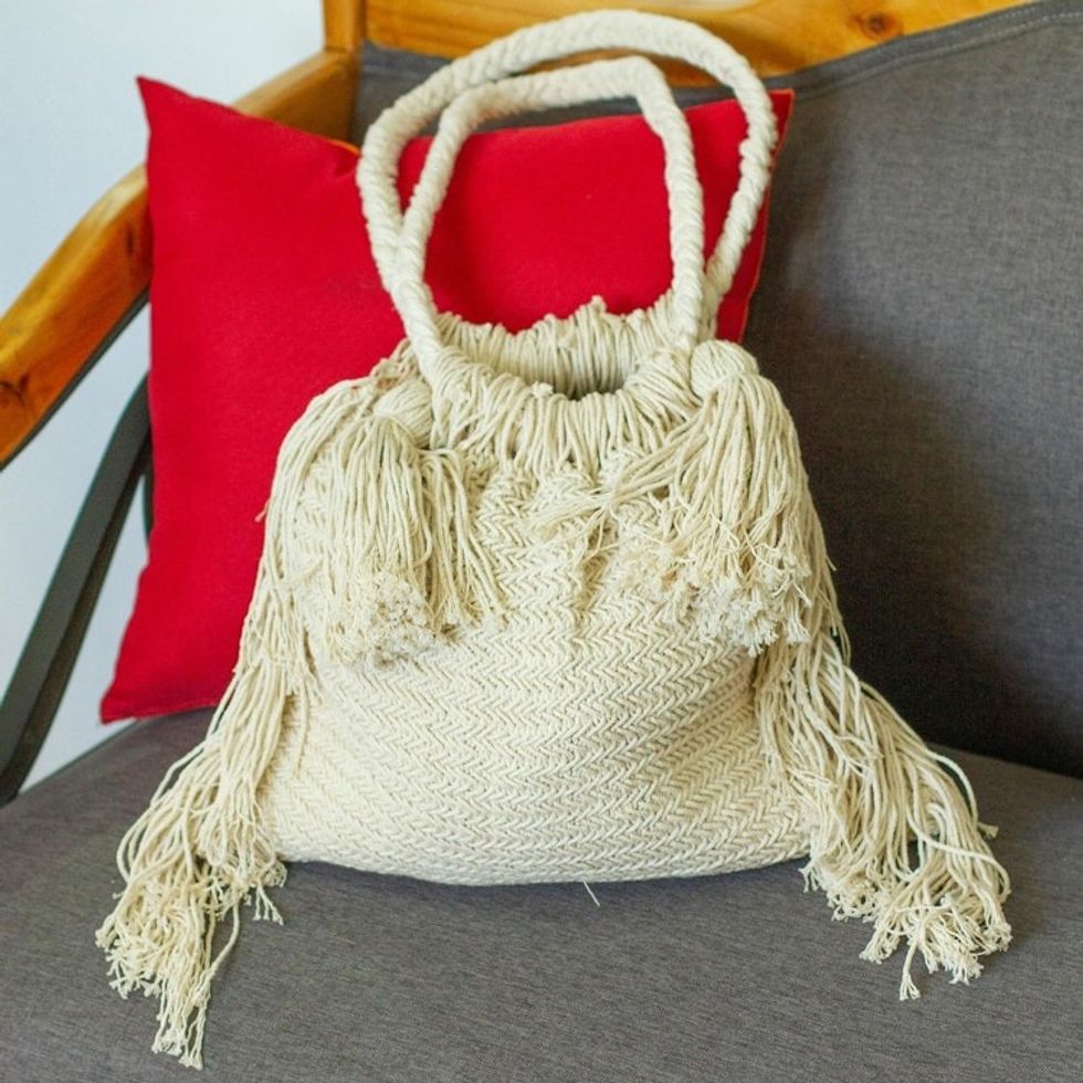 Macrame Cotton Shoulder Bag 'Terra Fria in Ivory'