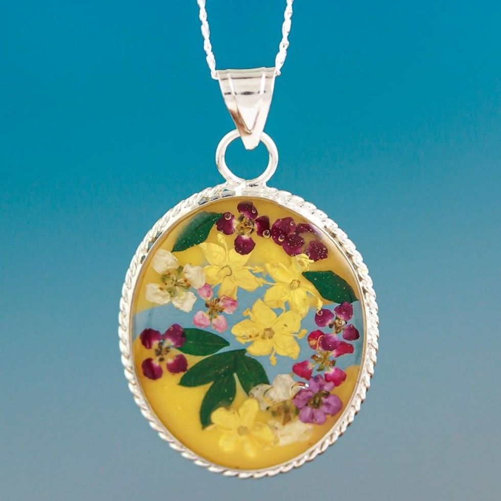 Sterling Silver Necklace with Yellow Dried Flower Pendant 'Yellow Forever'