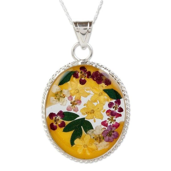 Alternate image for Sterling Silver Necklace with Yellow Dried Flower Pendant Yellow Forever