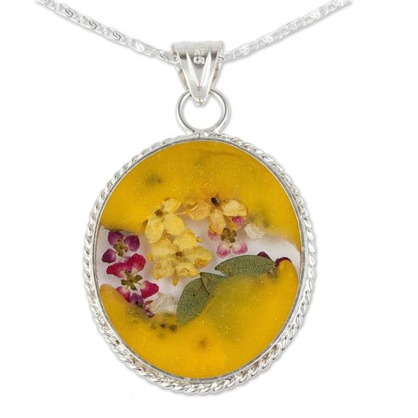 Alternate image for Sterling Silver Necklace with Yellow Dried Flower Pendant Yellow Forever
