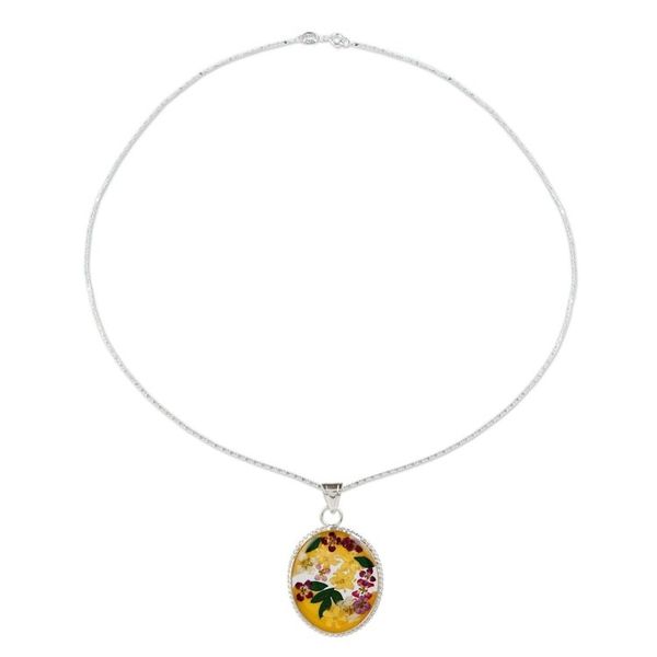 Alternate image for Sterling Silver Necklace with Yellow Dried Flower Pendant Yellow Forever