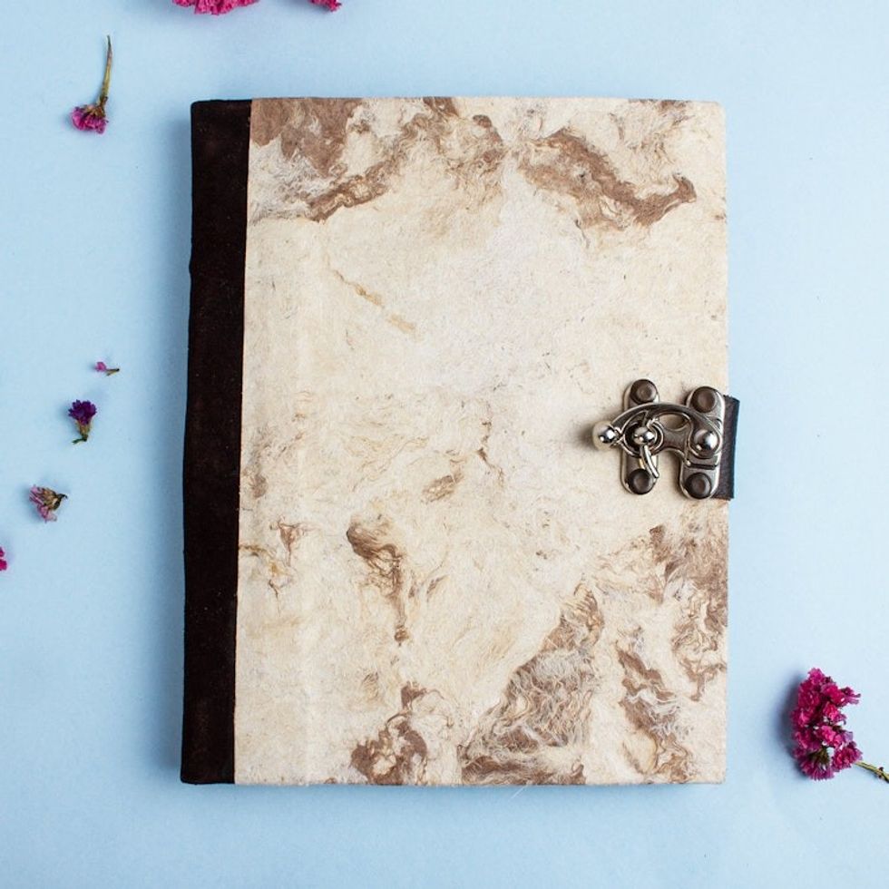 Suede Accented Recycled Amate Paper Journal in Beige 'Marbled Veins'